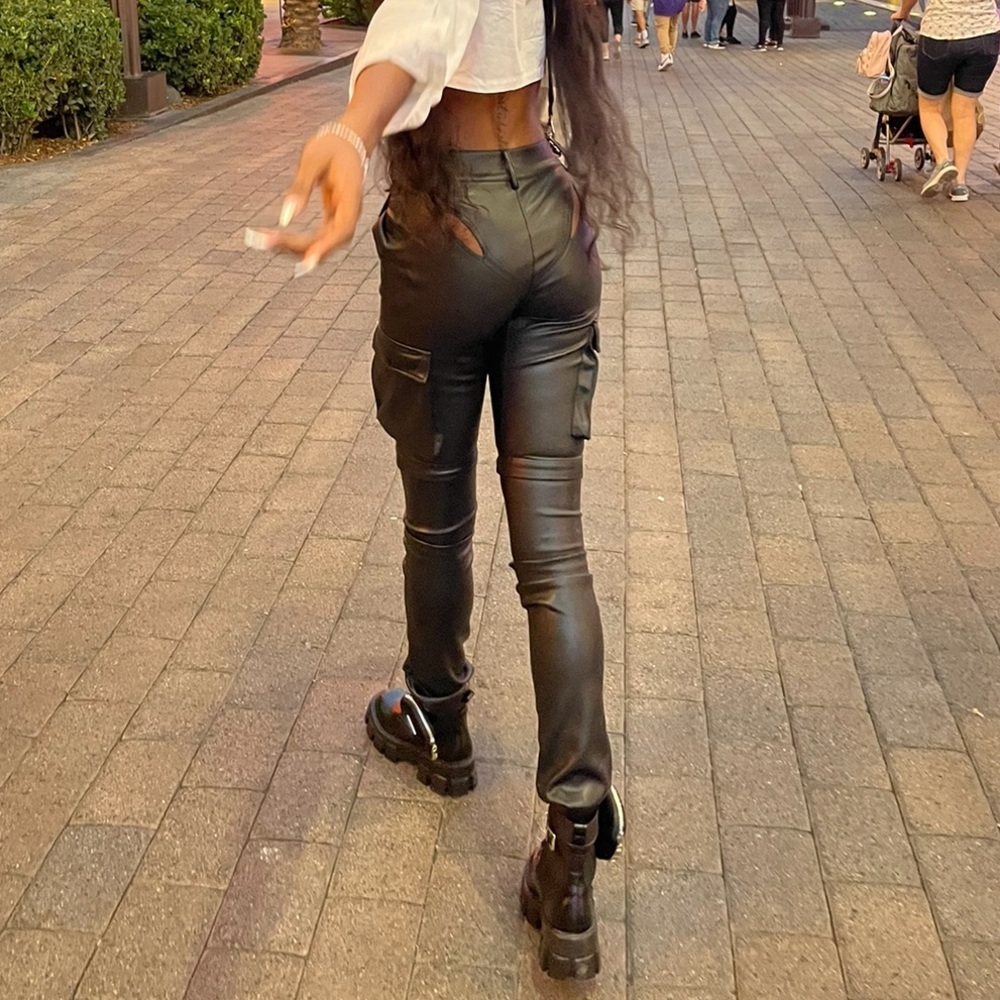 Black leather Cargo Pants for Tall women